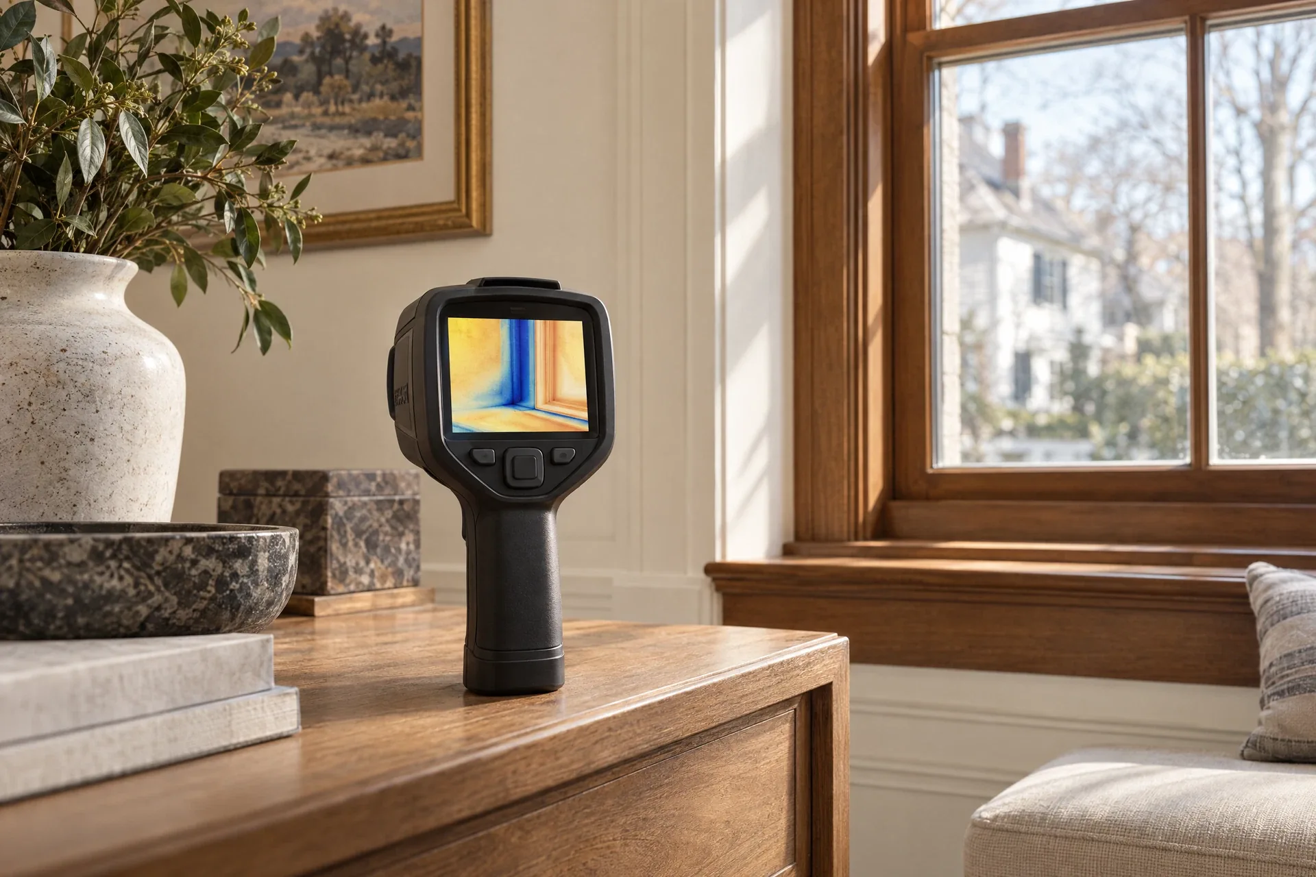 Illustrative infrared camera beside a household window