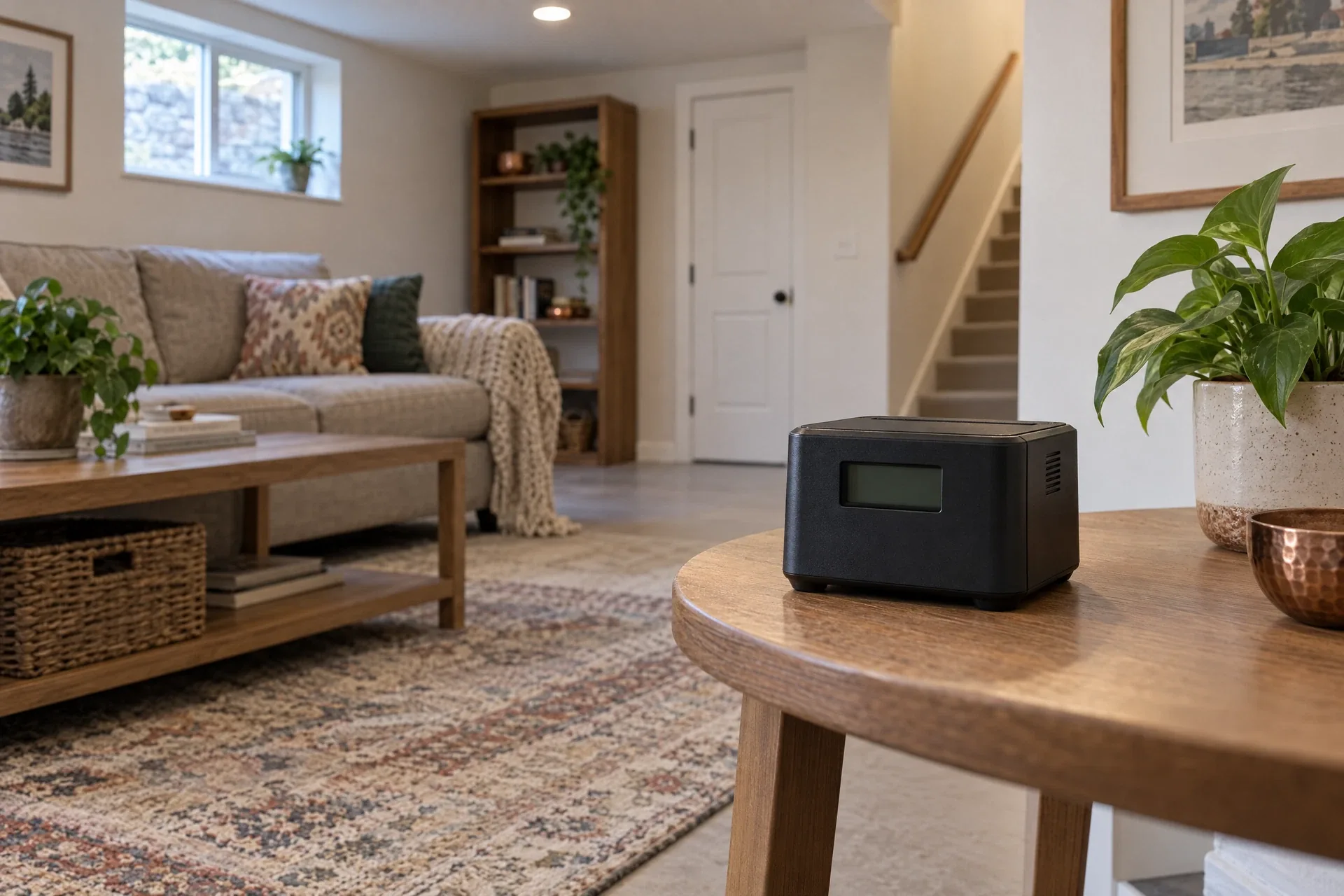 Illustrative radon measurement instrument in a quiet residential room