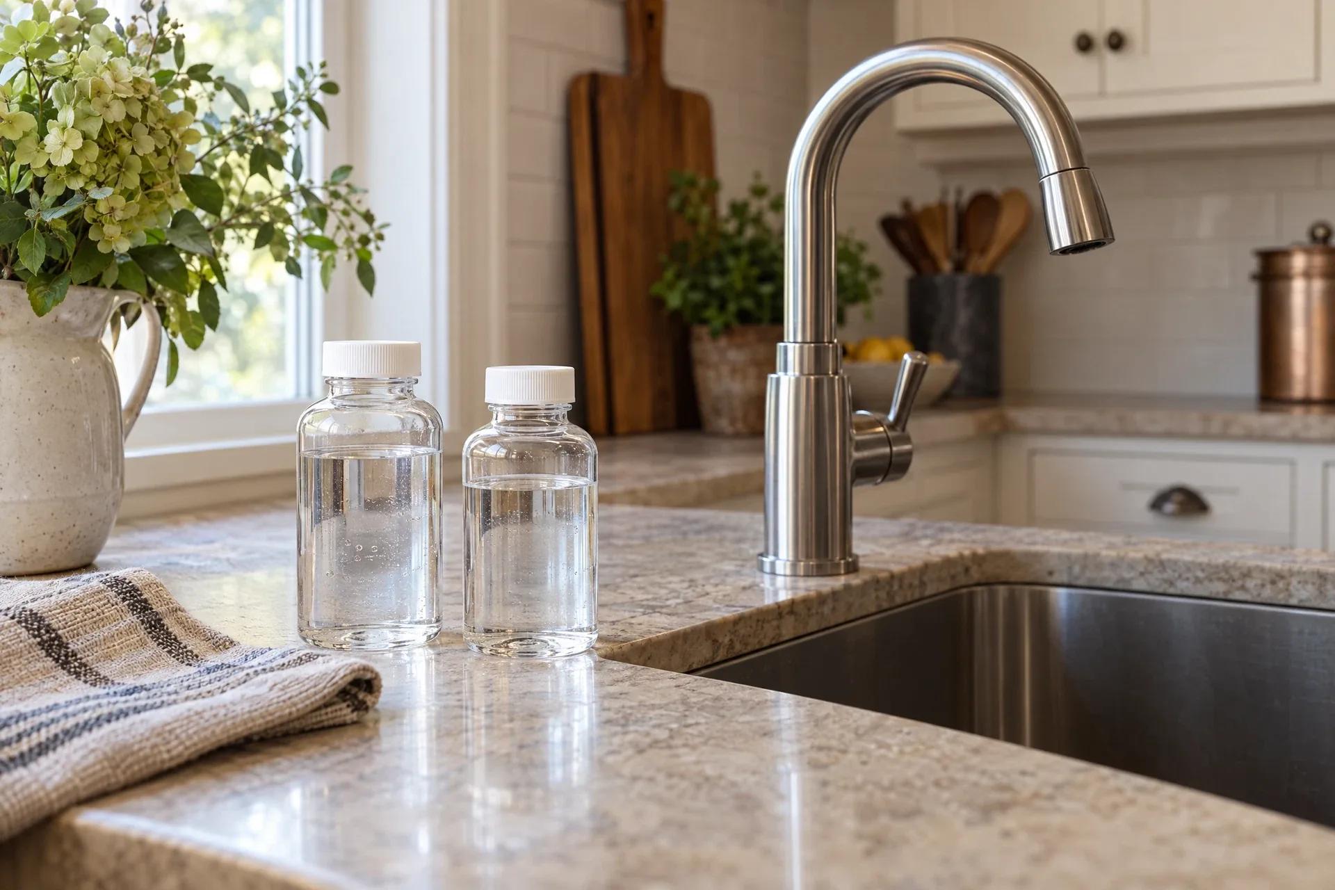 Illustrative water sampling bottles beside a residential kitchen tap