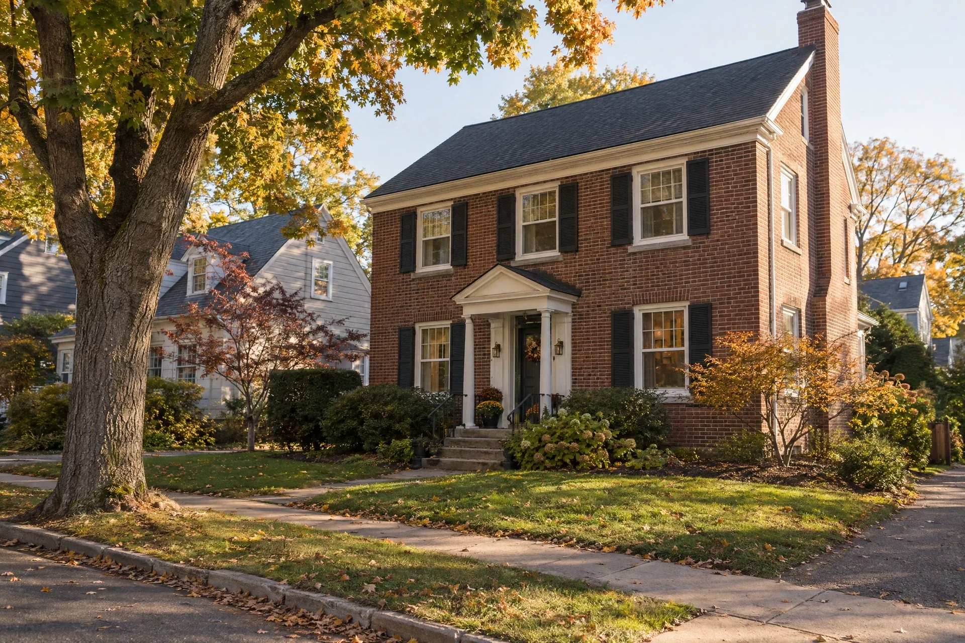 Representative brick Colonial home on a leafy Northeastern residential street