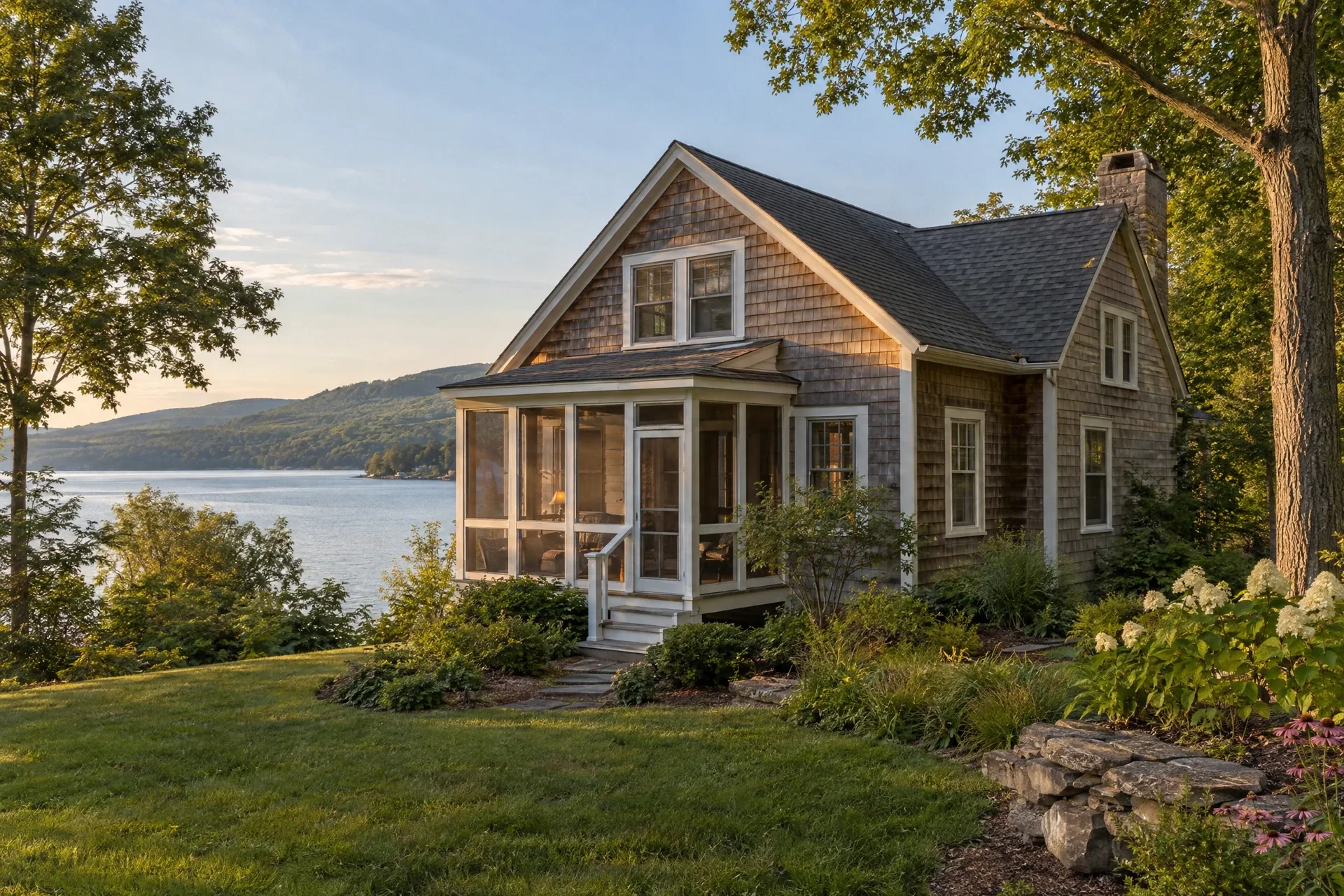 Representative cedar-shingle cottage beside a calm lake and wooded Northeastern hills