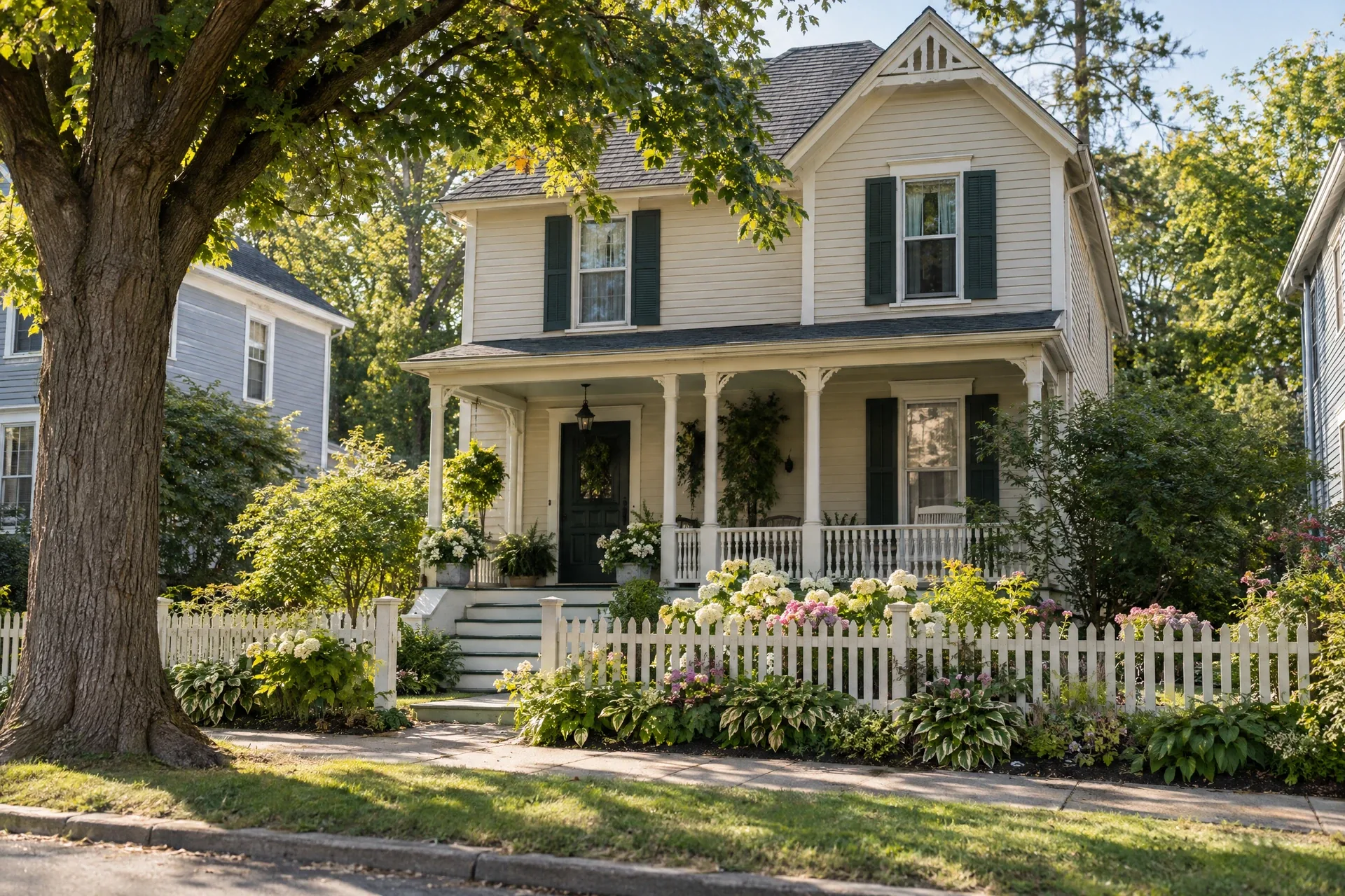 Representative older clapboard home with a front porch, shutters and a small garden