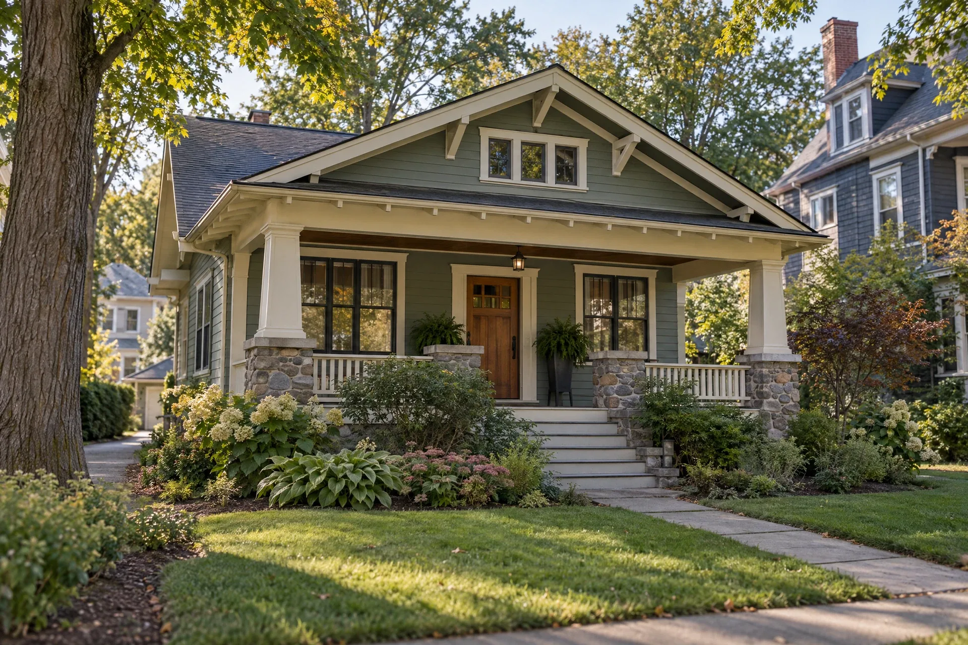 Representative sage Craftsman bungalow with stone porch supports and mature trees
