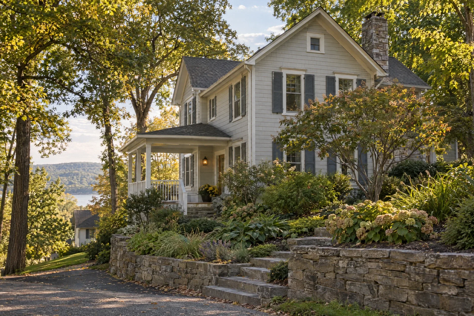 Representative traditional hillside home with terraced planting and a stone garden edge