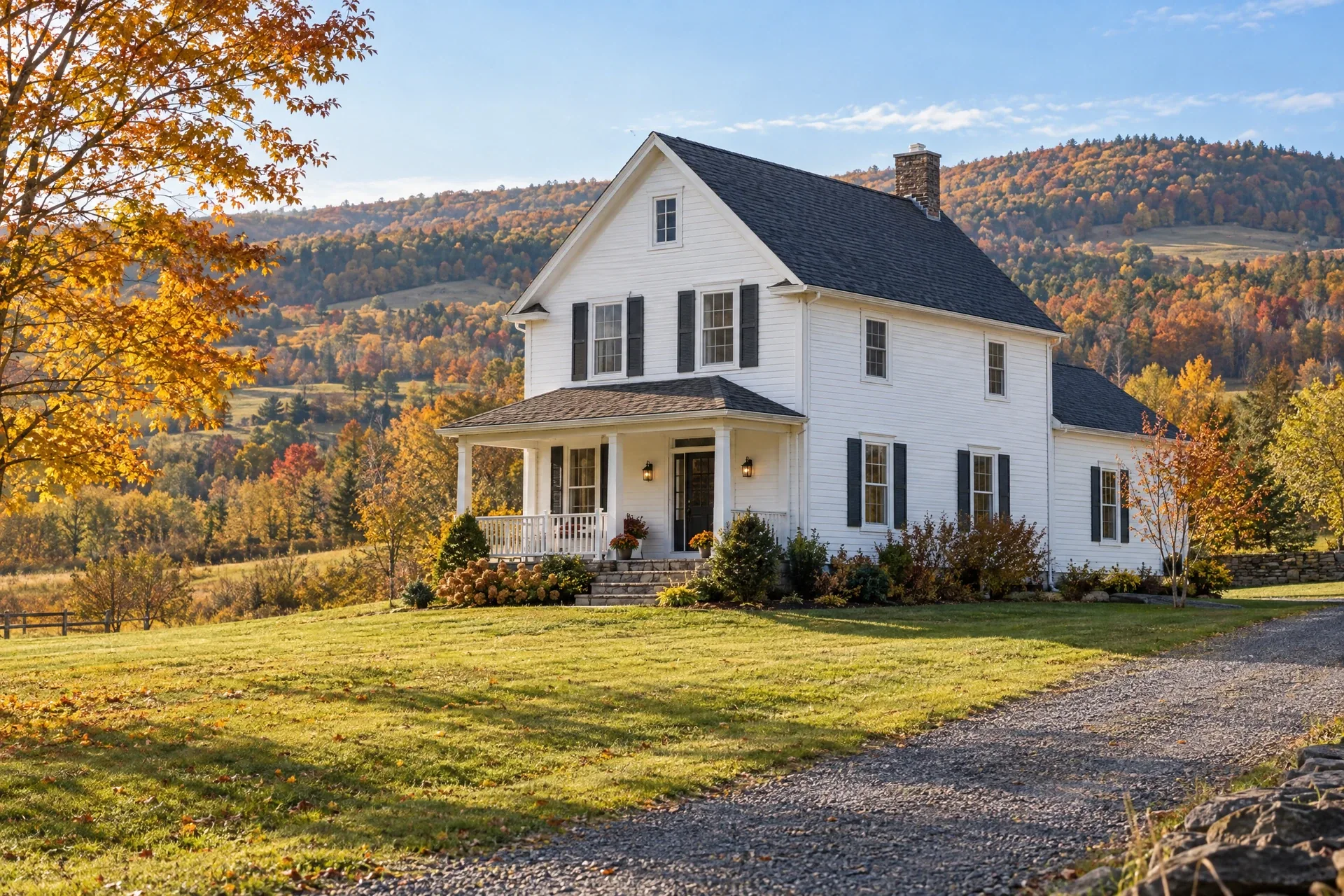 Representative white farmhouse beside gently rolling Central New York hills