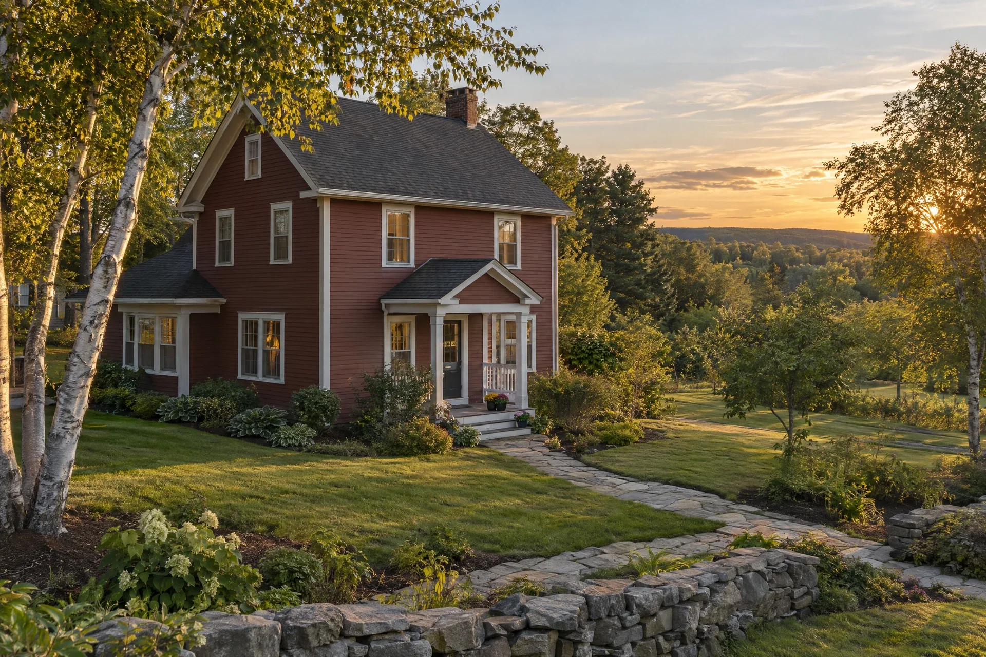 Representative wood-sided village-edge home with a stone path and open treeline