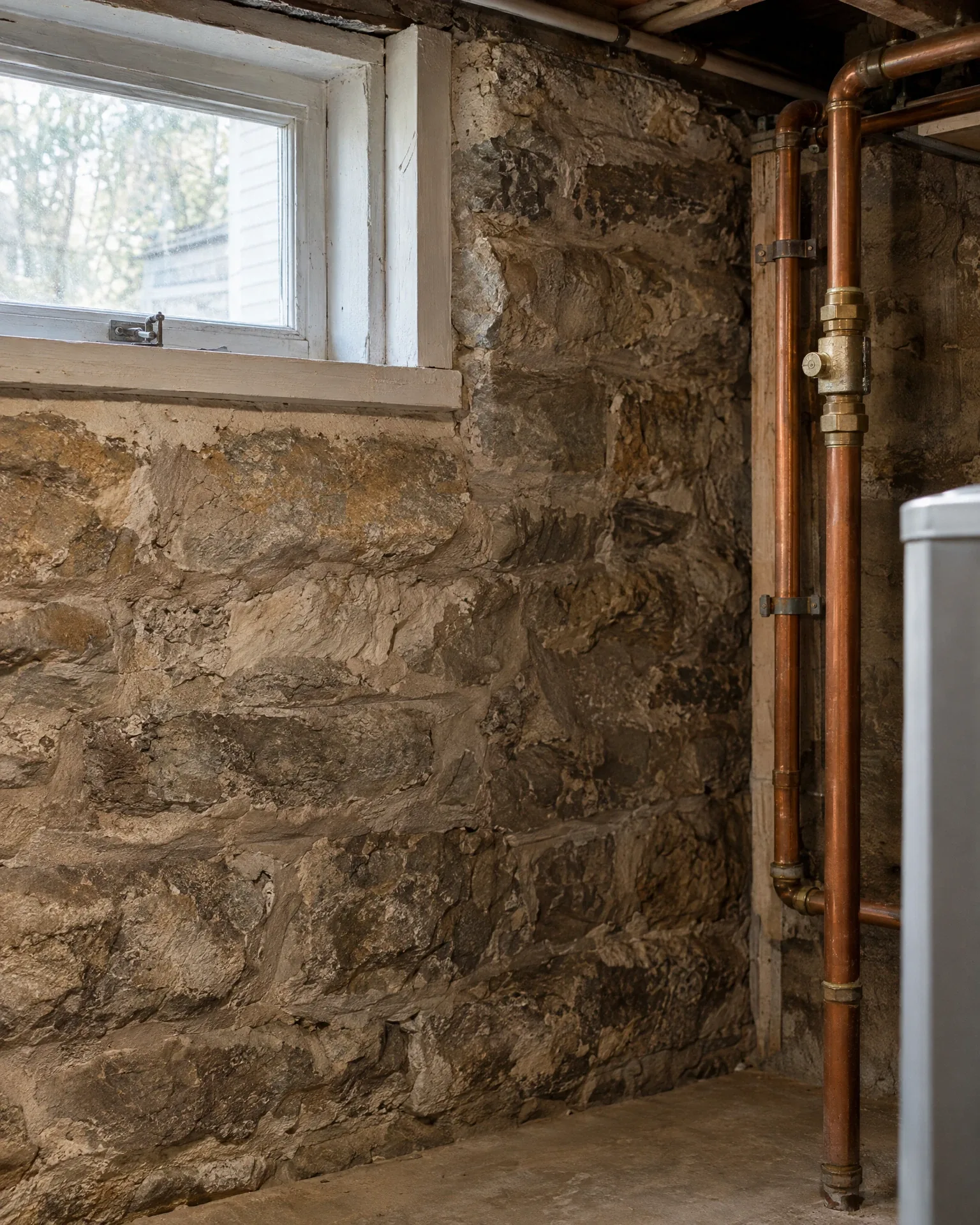 Stone foundation, basement window and copper plumbing in a Northeastern home
