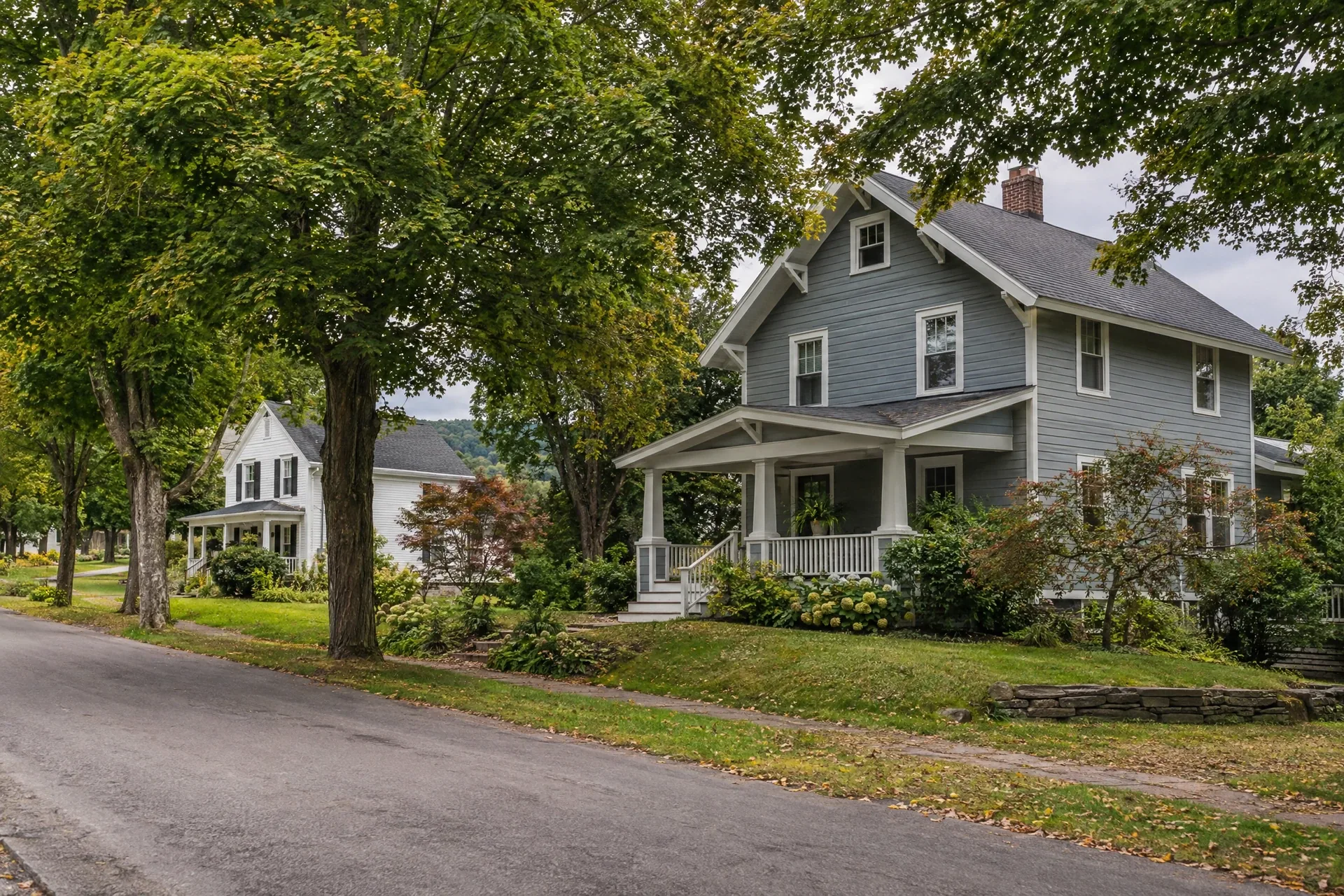 Traditional homes and mature trees in a Central New York neighborhood