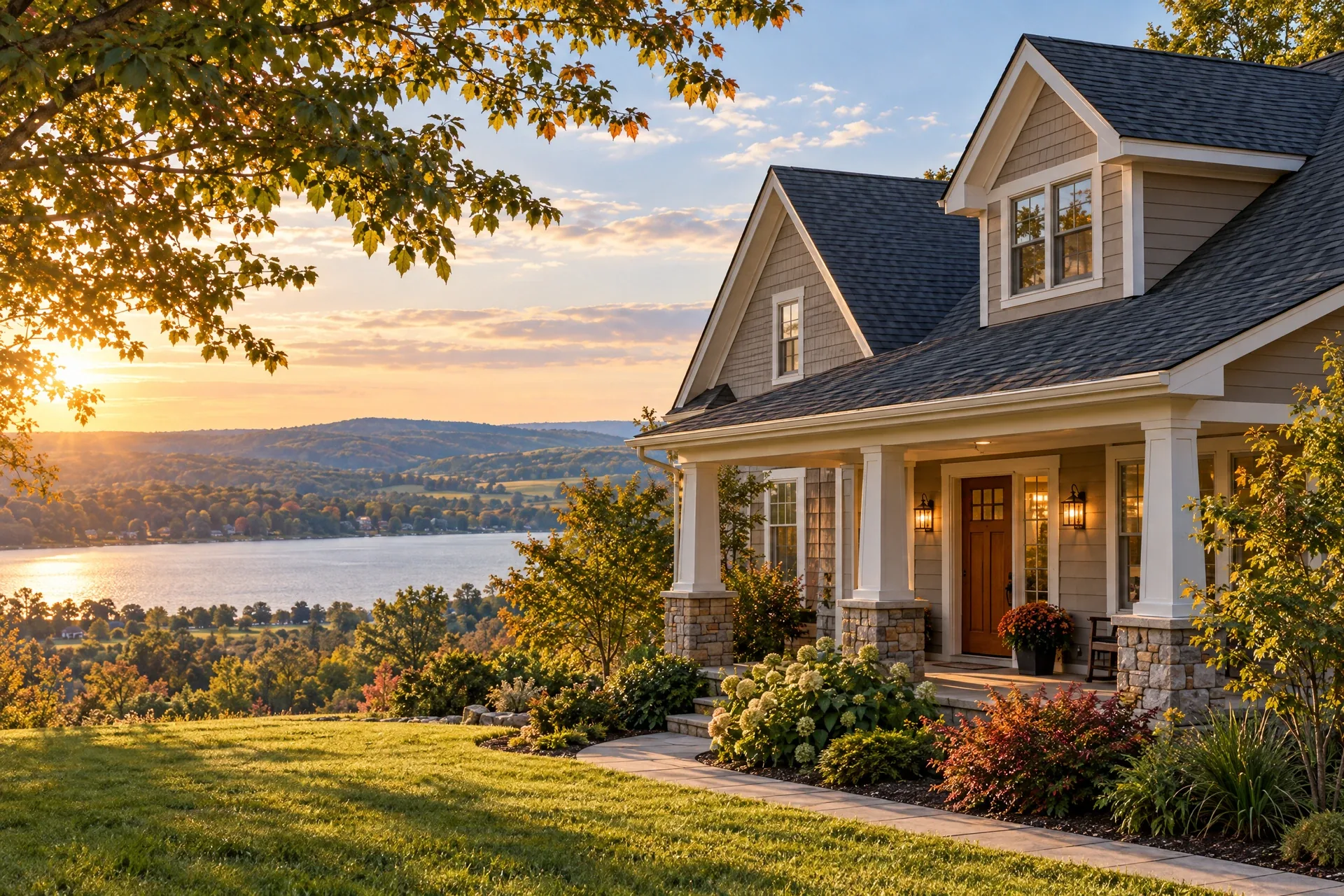 Traditional porch-front home overlooking a Finger Lake in evening light