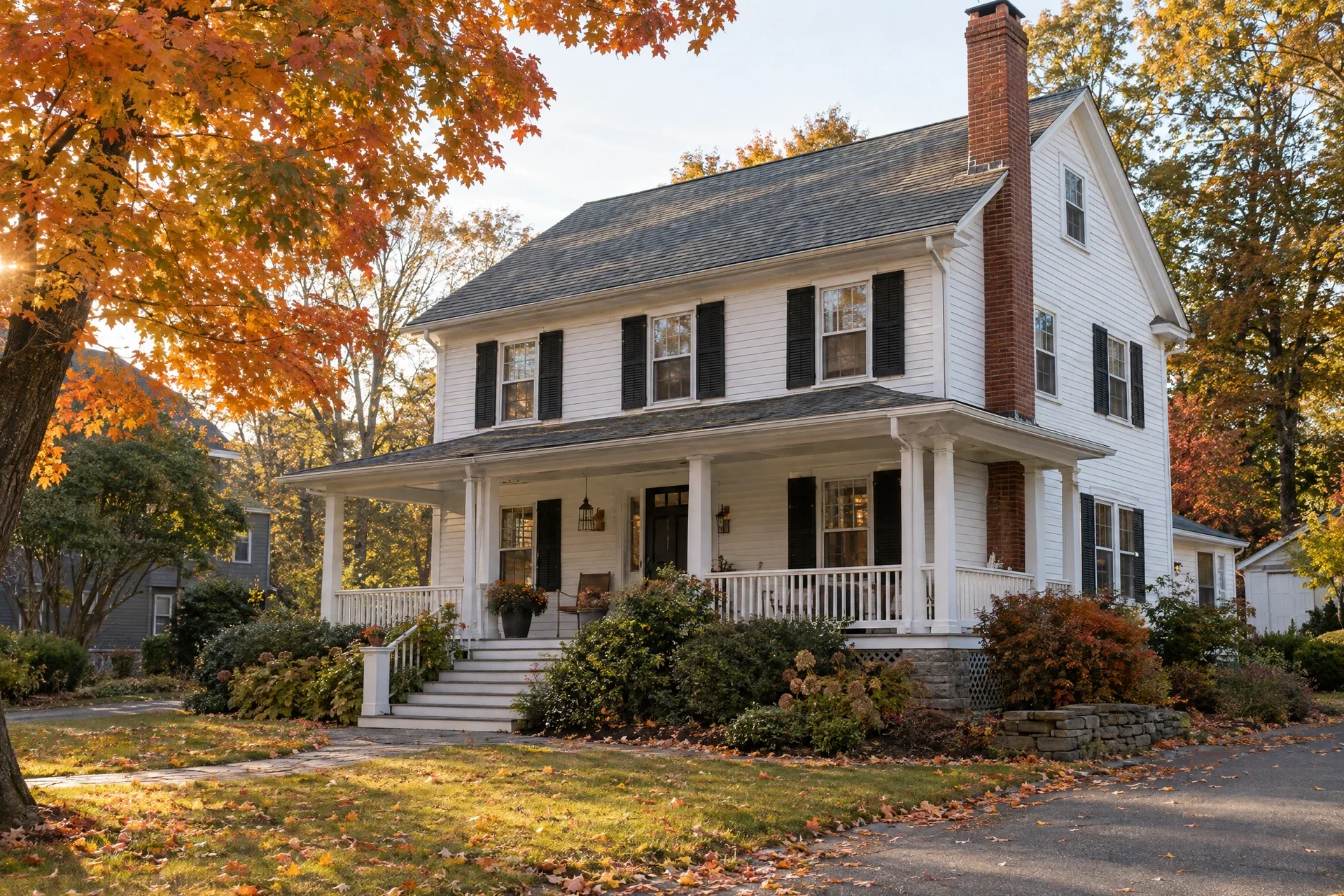 Traditional white Colonial with deep porch and autumn leaves seen from the front approach in early morning